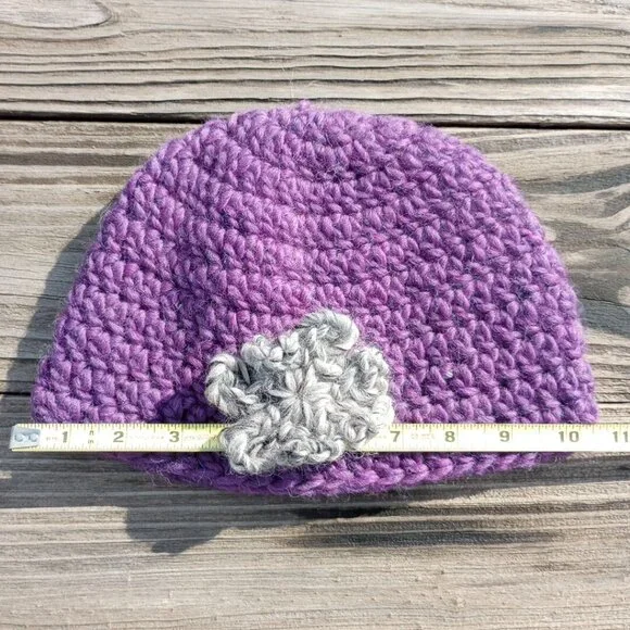 Womens Beanie Cloche Handmade Purple Crochet Hat Gray Brown Flower Pure New Wool - Picture 6 of 11